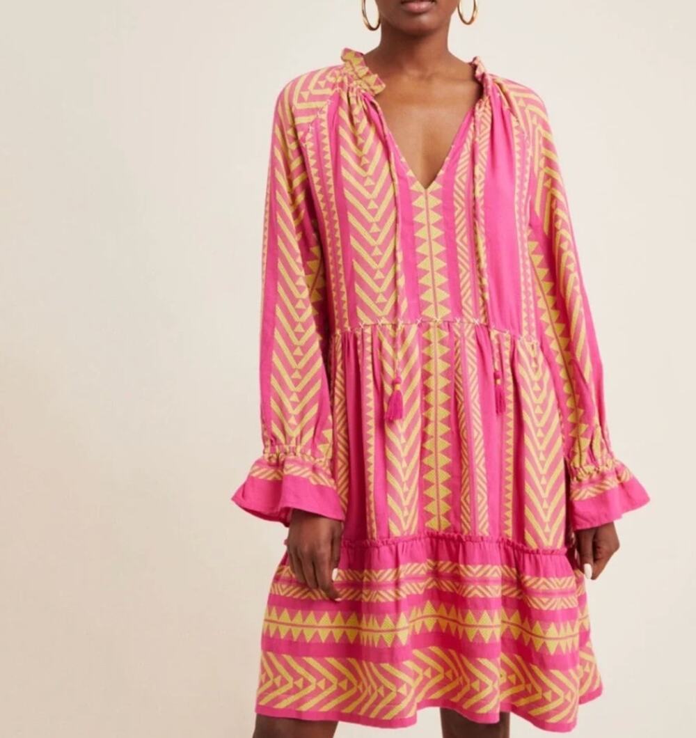 Anthropologie Maeve Womens XS Pink Yellow Dominique Oversized Tunic Mini Dress